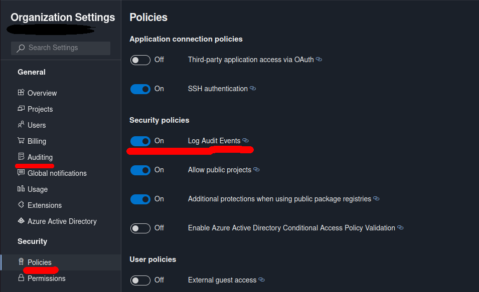 Screenshot of enabling Azure DevOps Auditing through UI
