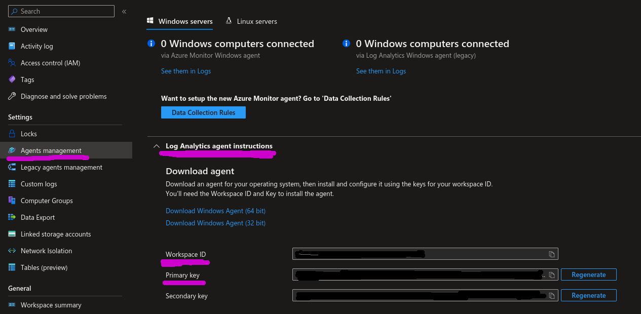 Screenshot of Log Analytics Agents management page in Azure Portal