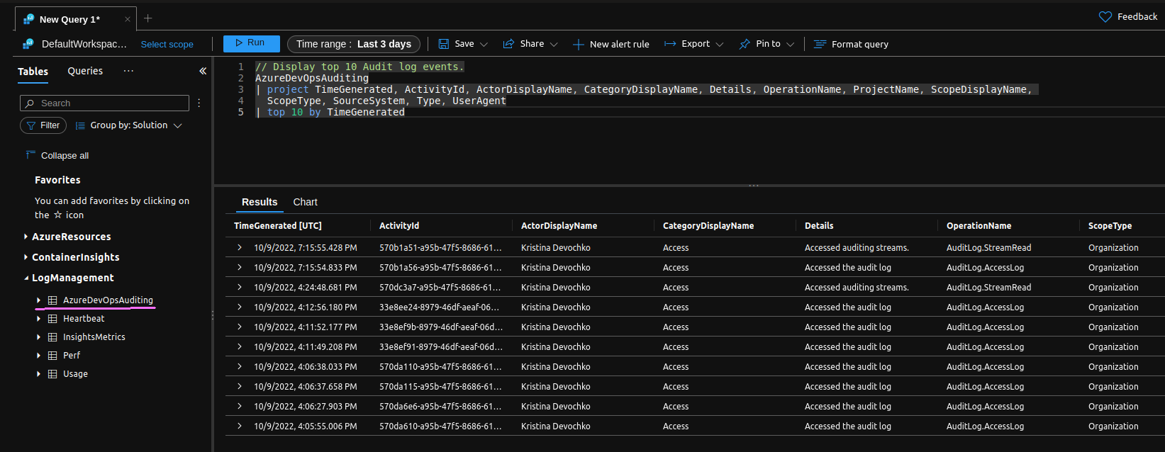 Screenshot of querying Azure DevOps audit logs with Log Analytics in Azure Portal