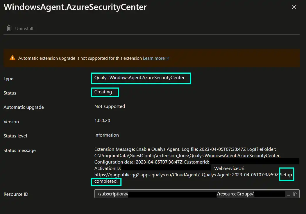 Screenshot of Azure Arc-enabled server Qualys extension installation log in Azure portal