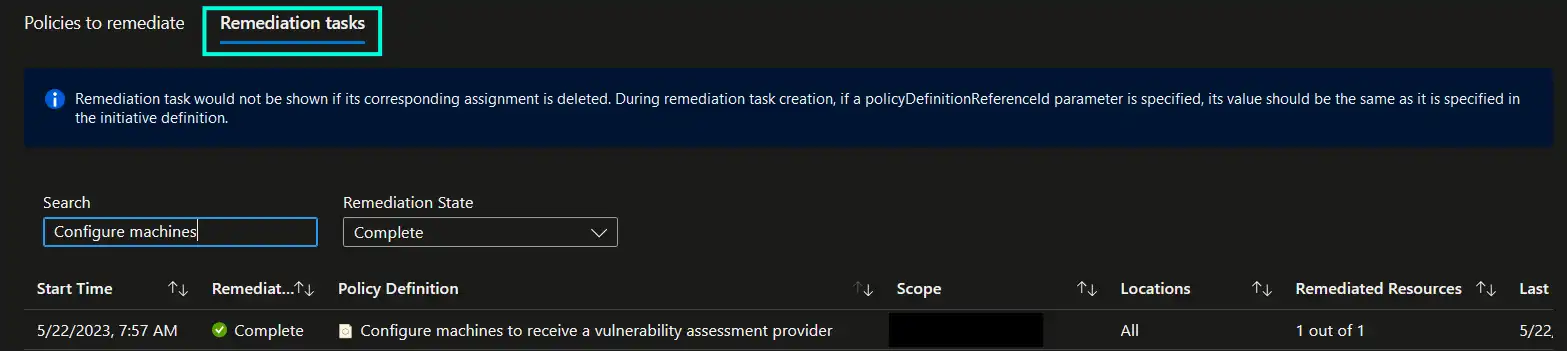 Screenshot of Qualys policy remediation task in Azure portal
