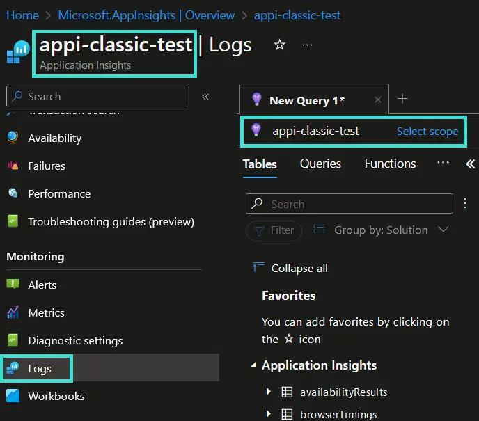 Screenshot of Logs section in Application Insights instance page in Azure portal