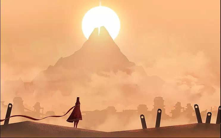 Screenshot from Journey game, a person standing in the desert