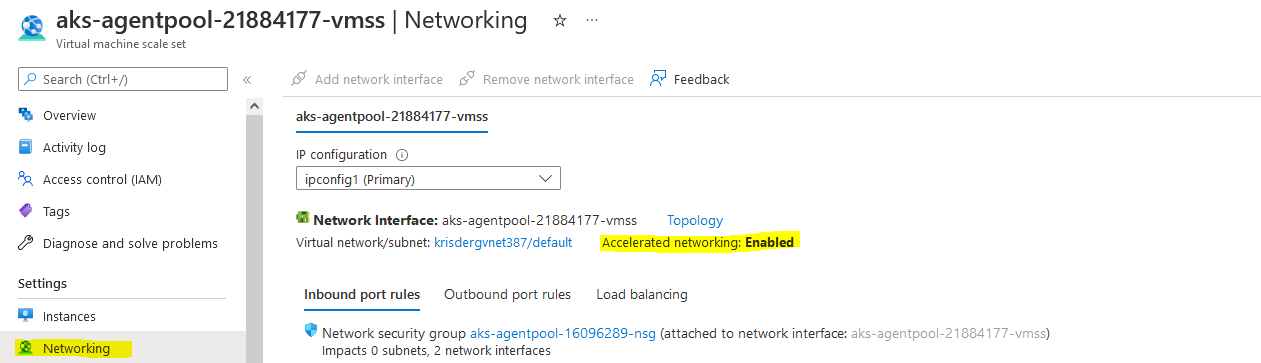 Location of Accelerated networking property in AKS node pool in Azure portal