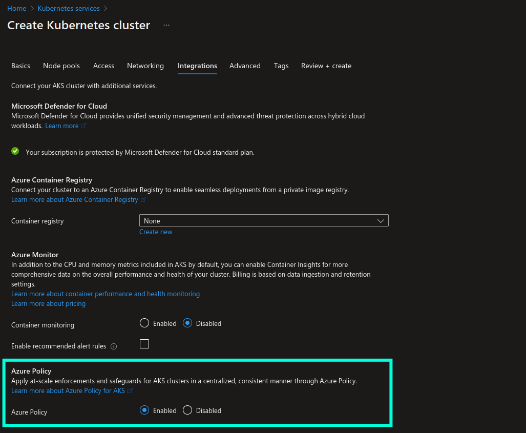 Screenshot of enabling Azure Policy add-on from Azure portal upon cluster creation