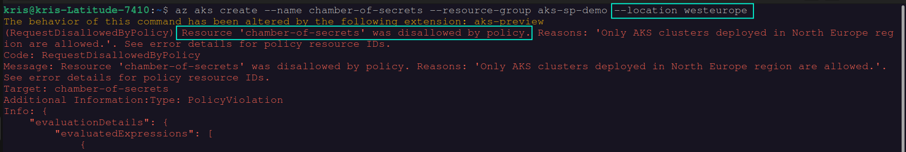 Screenshot of the non-compliant Deployment being denied by enforced custom Azure Policy definition for disallowing deployment of AKS clusters in all regions except for North Europe