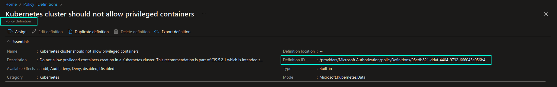 Screenshot of where to find Azure Policy definition ID in the Azure portal