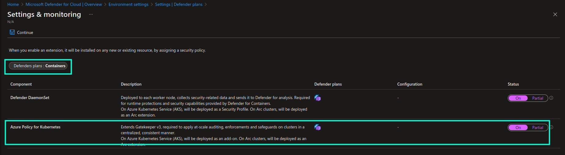 Screenshot of enabling Azure Policy add-on through Microsoft Defender for Containers