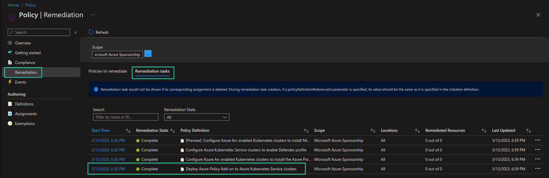 Screenshot of the executed remediation task by enforced built-in Azure Policy definition in Azure Portal