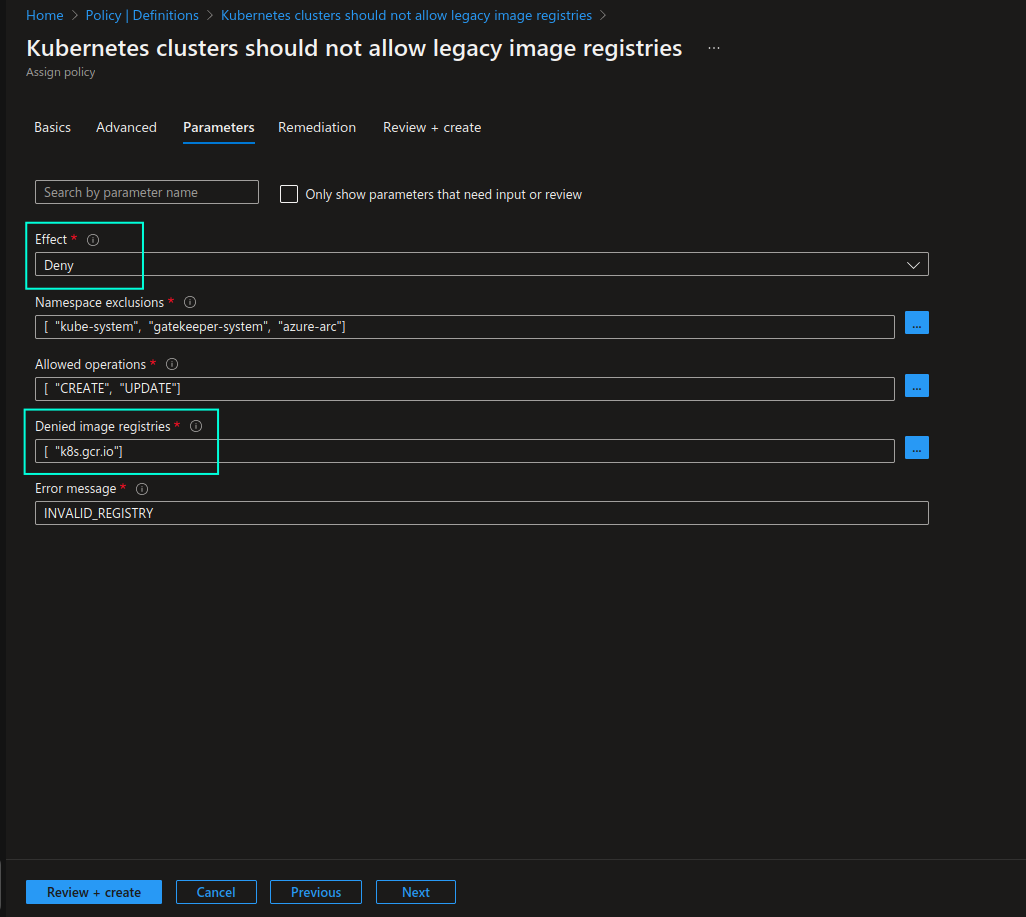 Screenshot of parameter section of the newly created custom Azure policy definition for non-compliant image registries