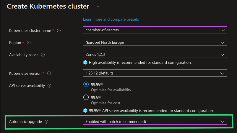Screenshot of automatic upgrade property in new AKS cluster creation in Azure Portal