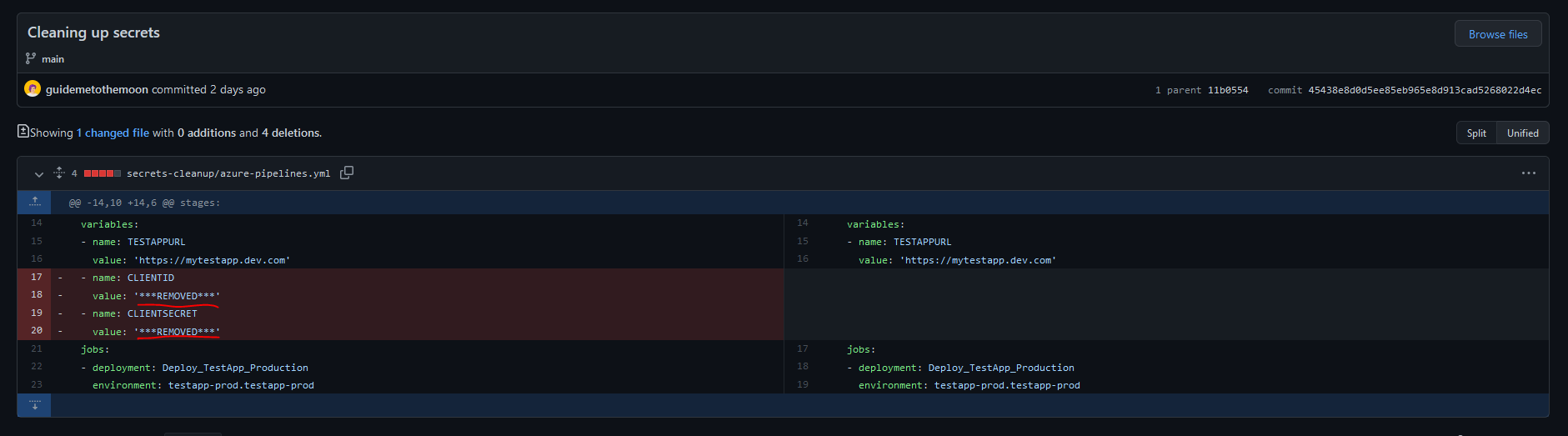 Screenshot of the commit history result in the UI after execution of BFG Repo-Cleaner