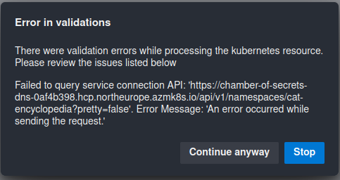 Screenshot of Azure DevOps Environment with Kubernetes Generic Provider Resource validation error upon creation