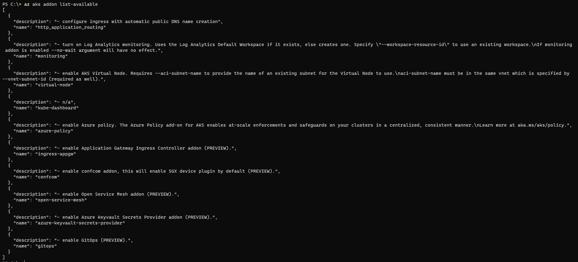 Screenshot of AKS Azure CLI list addon command