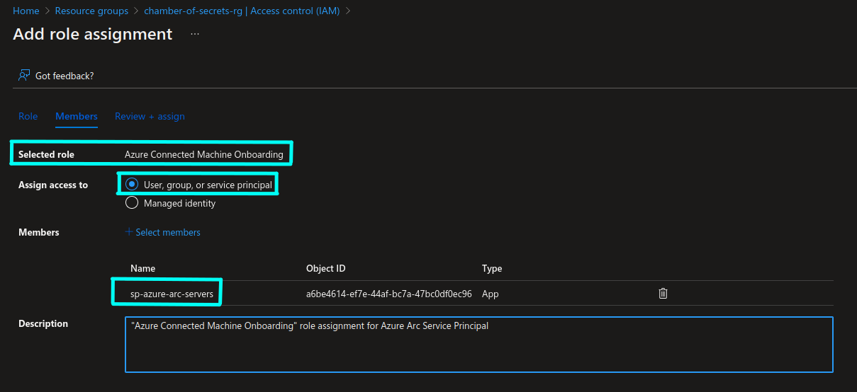 Screenshot of adding resource group role assignment to Azure Arc Service Principal