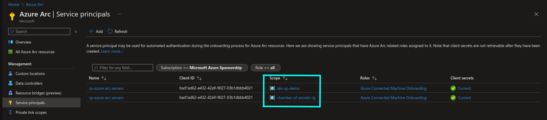 Screenshot of Azure Arc Service Principal with multiple scopes in Azure Portal