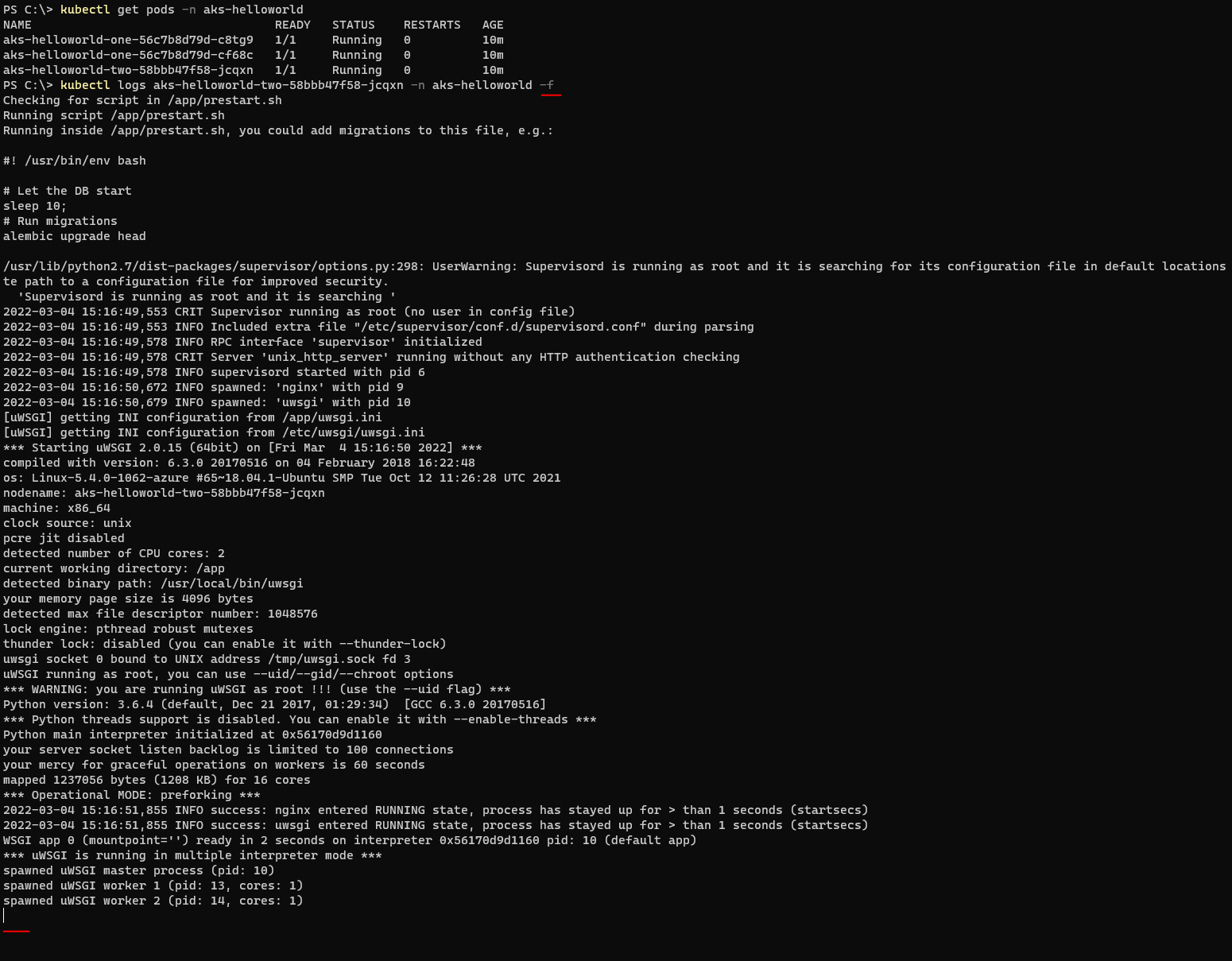 Screenshot of Kubernetes log streaming command