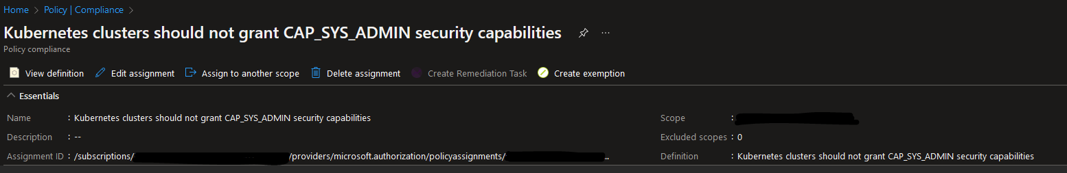 Screenshot of Azure Policy for usage of CAP_SYS_ADMIN capability in Kubernetes clusters
